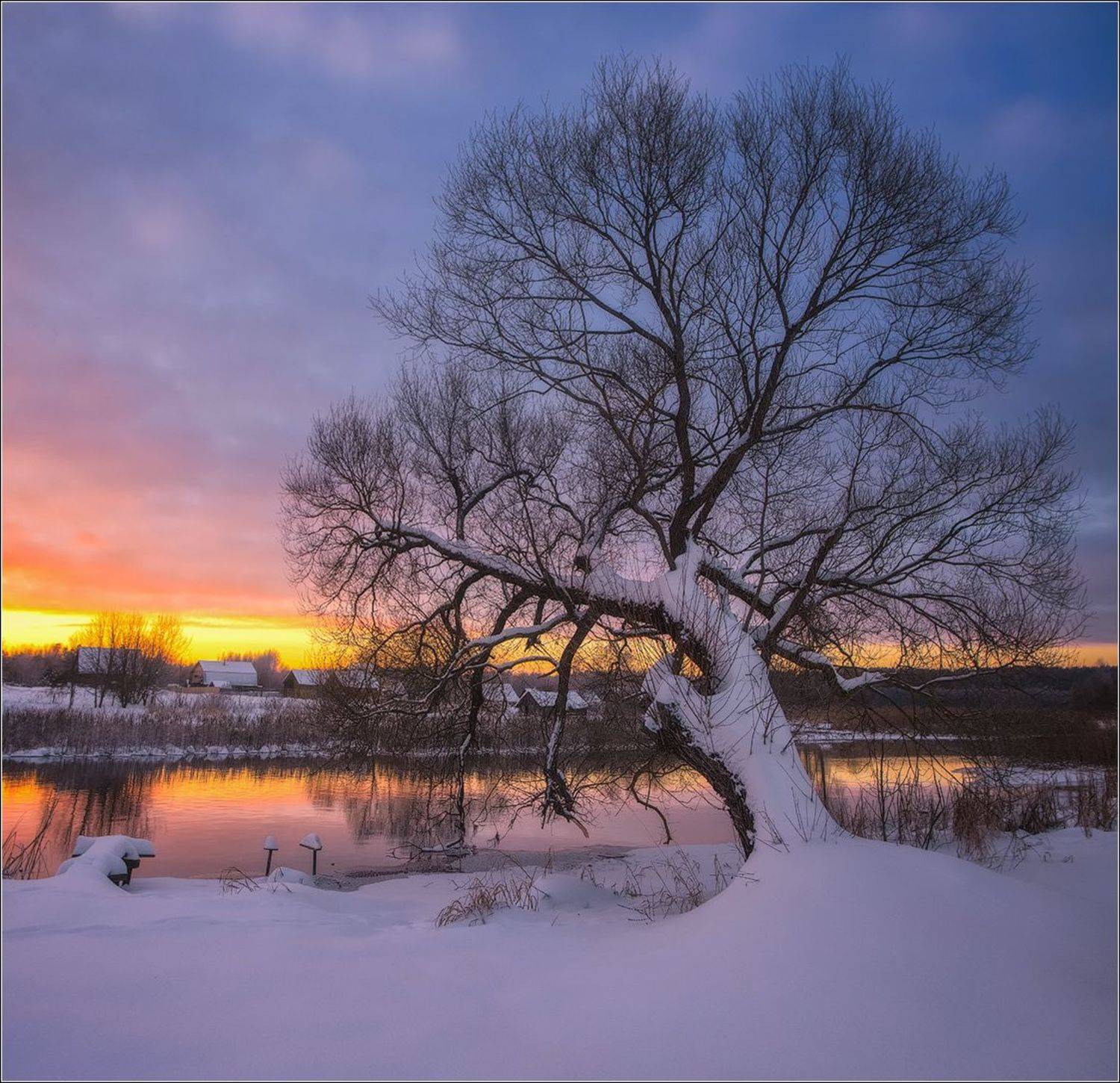 зима, вечер, мороз, закат, деревня, беларусь, Andrew Kuzmin