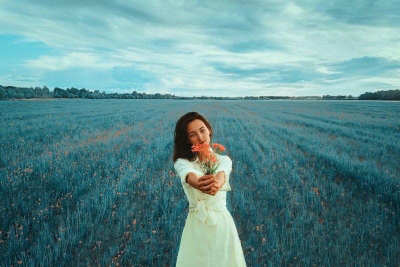портрет, цветы, природа, девушка, поле *photo preview