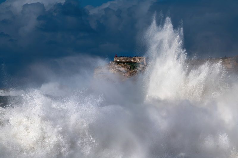 waves, surf, castle, lighthouse, landscape, clouds, sky, ocean, tide, sea, day, water, cliff, rocky, beach, beautiful, colours, Nazare wavesphoto preview