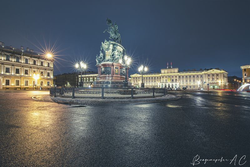 исаакиевская площадь питер ночь огни фонари памятник николаю Исаакиевская площадь.photo preview