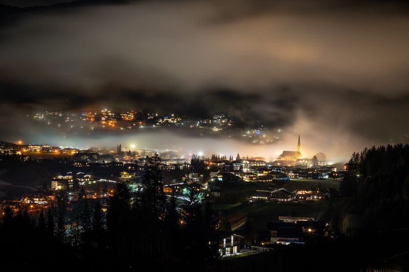 fog, village, night, landscape, Kirchberg, Austria, winter, misty, mist, church, lights Kirchberg in Tyrolphoto preview