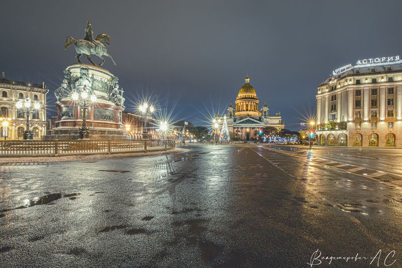 исаакиевская площадь питер ночь огни фонари памятник николаю гостиница астория собор новогодняя ёлка Исаакиевская площадь.photo preview