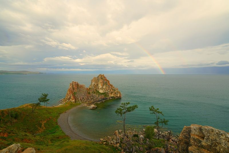 island, lake, sea, sunrise, dawn, sky, morning, rock, nature, landscape, horizon, summer, shore, relief, rainbow, rain Rainbow for Shamanphoto preview