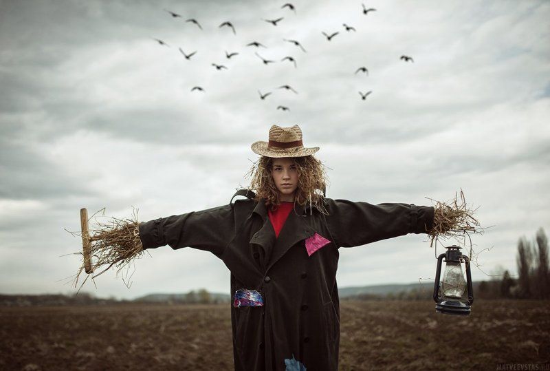 Небо, Плащ, Поле, Птицы, Пугало, Солома, Фонарь Пугалоphoto preview