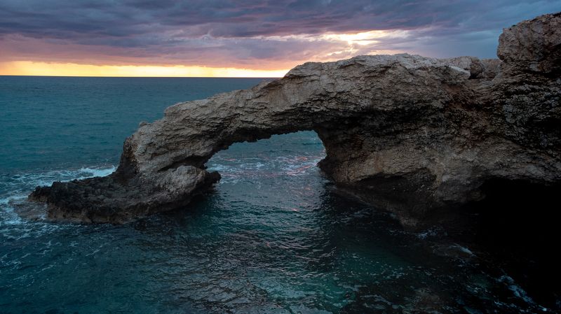 sea, cyprus, arch, water, sunset, dusk, landscape, drone, drone photo Love Bridge, Ayia Napa, Cyprusphoto preview