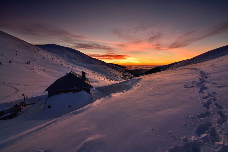 sunset, hut, winter, snow, mountain Sunset at Macedonia Hutphoto preview