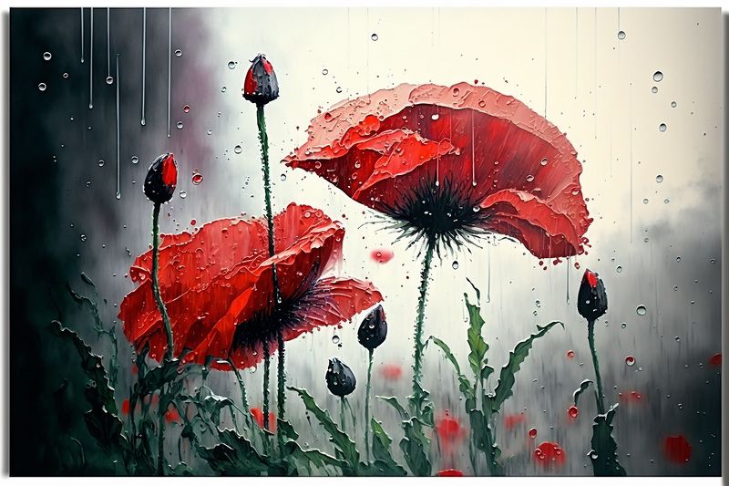 red, poppies, in the rain, flowers, summer red poppies in the rain фото превью