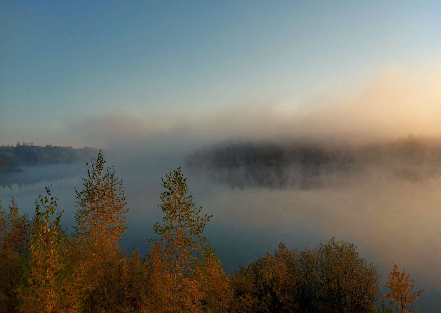 осень, карьер, озеро, природа, пар, туман, рассвет., Валерий Савостьянов