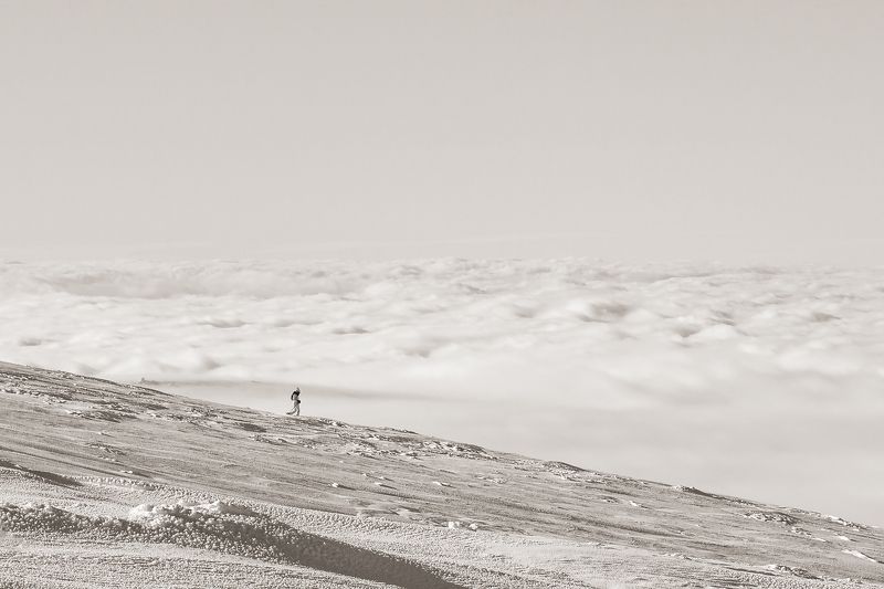 winter, snow, clouds, mountain, woman, silhouette, above, nature, landscape, monochrome,  On the edge of three dimensions.photo preview