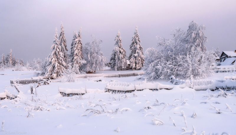 баская, пермский край, поселок, зима, снег, вечер, закат, деревня, пейзаж Морозный зимний вечер в пос. Баскаяphoto preview