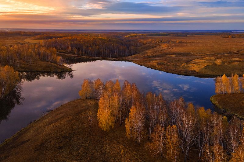 пейзаж, природа, осень, река, вечер, закат, лес, река, сибирь, омск, дрон Октябрь уж наступил... фото превью