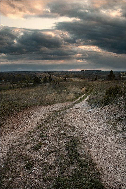 природа, россия, пейзаж, небо, облака, деревья, холм, дорога, вечер, закат, деревня ***photo preview