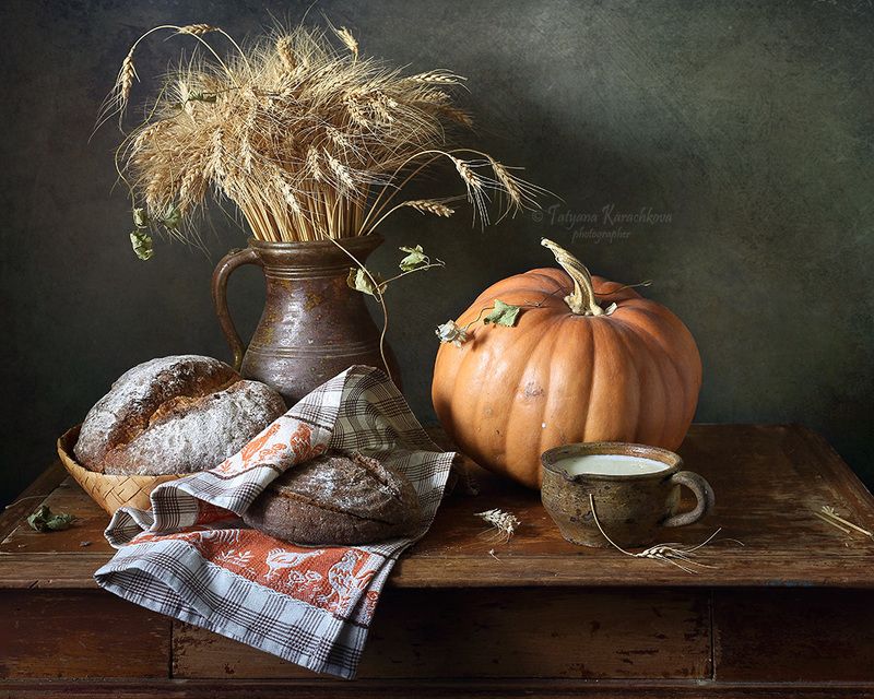натюрморт, колосья, хлеб, молоко, тыква, деревенский Хлебно-злаковыйphoto preview