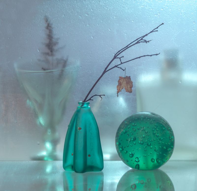 натюрморт,этюд,вазы,стекло,листья,зелёное,кленовыйлист,капли, Самый стойкий...photo preview