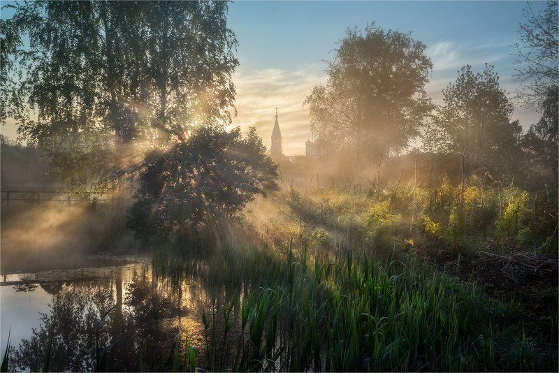 Деревня, Лучи, Село, Солнце, Туман, Утро, Церковь Утро в деревнеphoto preview