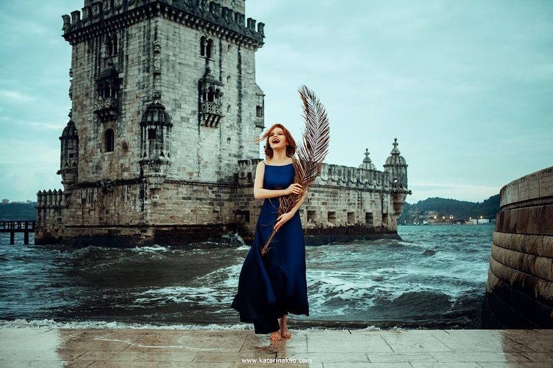dancer, dance, palm, beach, belem, tower, queen, dark, sea, Portugal, Lisbon, waves, beauty, model, woman, blue, dress, feeling, beautiful, dark tower Dancerphoto preview