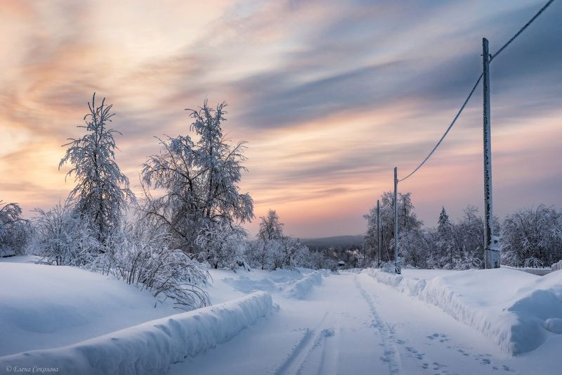 баская, пермский край, поселок, зима, снег, вечер, закат, деревня, пейзаж, улица Деревенская улицаphoto preview