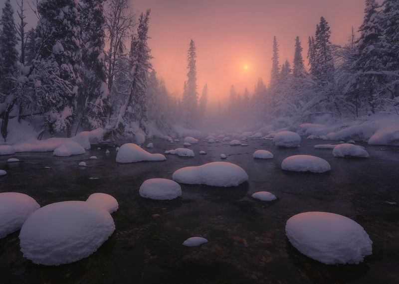 север, кольский, лес, зима, хибины, река Морозный закат на Кольскомphoto preview