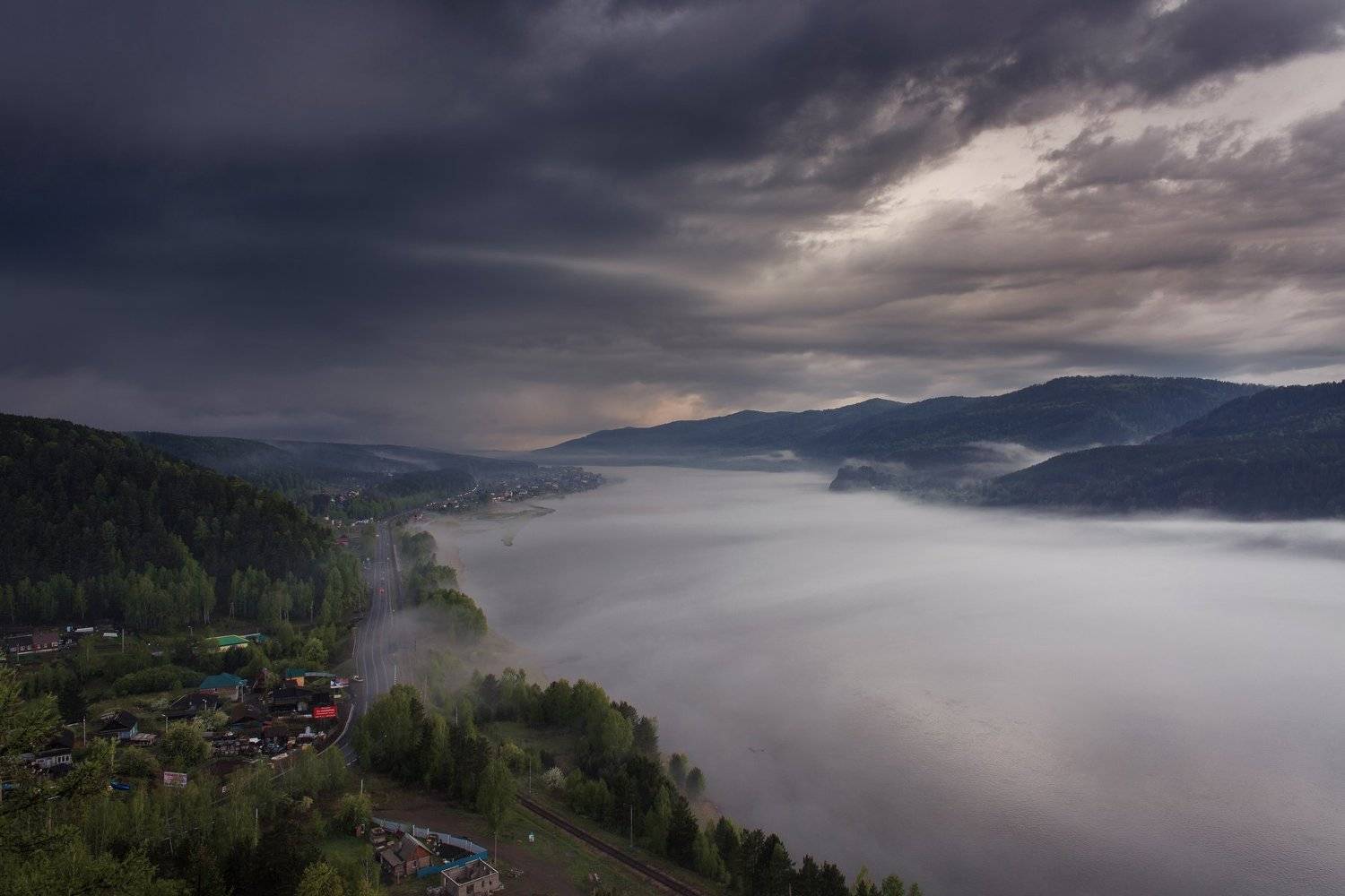Вечер, Енисей, Красноярск, Овсянка, Пейзаж, Река, Россия, Сибирь, Слизнево, Смотровая, Туман, Александр 'Horimono' Нерозя