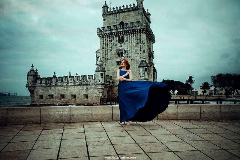 dancer, dance, palm, beach, belem, tower, queen, dark, sea, Portugal, Lisbon, waves, beauty, model, woman, blue, dress, feeling, beautiful, dark tower Dancerphoto preview