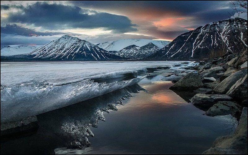 хибины, кольский, полночь, озеро, большой, вудъявр, вода, закат, облака, лёд, снег, весна, полярный, день Неделя до полярного дняphoto preview