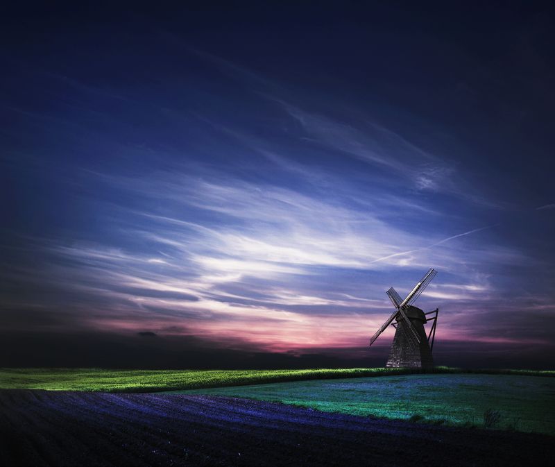 mill, clouds, field, sky,  *photo preview