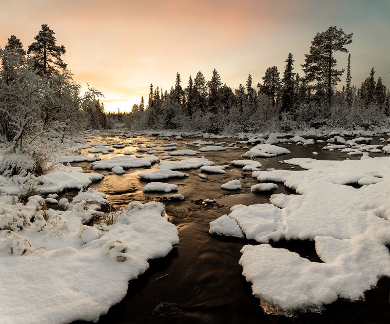 кольский, лёд, река, вода, снег, закат Осень на Кольском фото превью