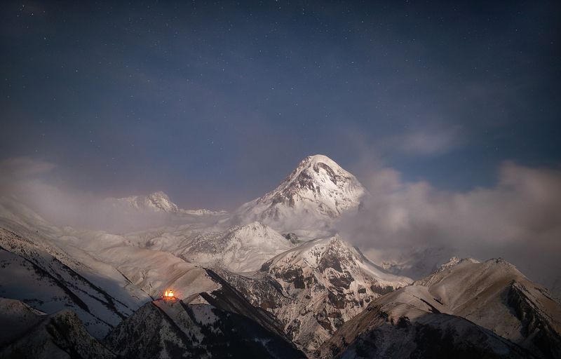 Georgia, landscape, nature, night, long exposure, mountains, winter, snow View of mount Kazbegi, Stepantsminda, Georgiaphoto preview