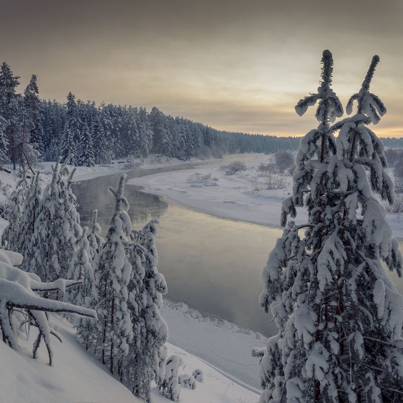 зима закат река На заснеженном берегу реки. фото превью