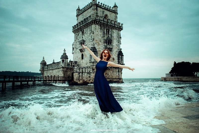 dancer, dance, palm, beach, belem, tower, queen, dark, sea, Portugal, Lisbon, waves, beauty, model, woman, blue, dress, feeling, beautiful, dark tower Dancerphoto preview
