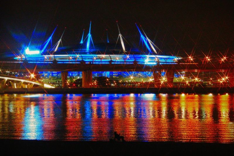 санкт-петербург, финский залив, стадион, ночь, огни, город, вода Финский залив ночьюphoto preview