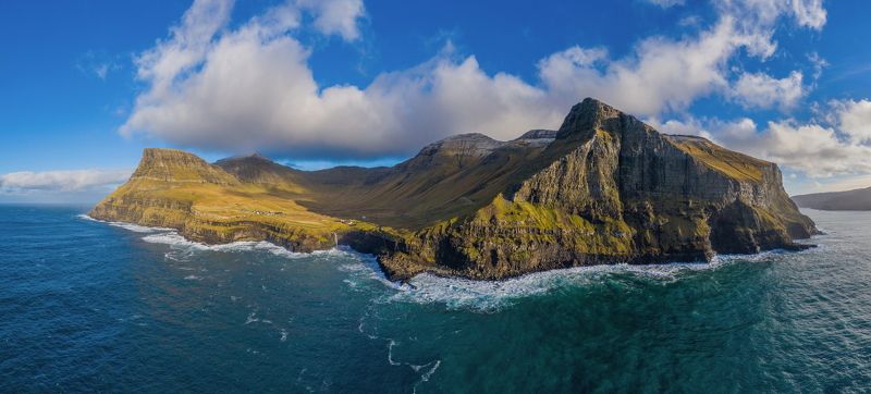 faroe islands, water, denmark, danmark, vagar, autumn, pano, panoramic, waterfall, mountains, island, ocean, atlantic, aerial, drone Vagar panoramaphoto preview