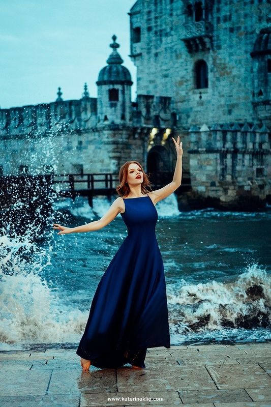 dancer, dance, palm, beach, belem, tower, queen, dark, sea, Portugal, Lisbon, waves, beauty, model, woman, blue, dress, feeling, beautiful, dark tower Dancerphoto preview