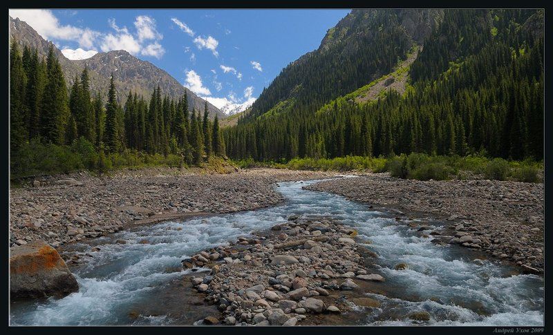 природа,горы,лето,ущелье,лес,скалы,деревья,трава,облака,река,елки,тень,вечер,ледники Островокphoto preview