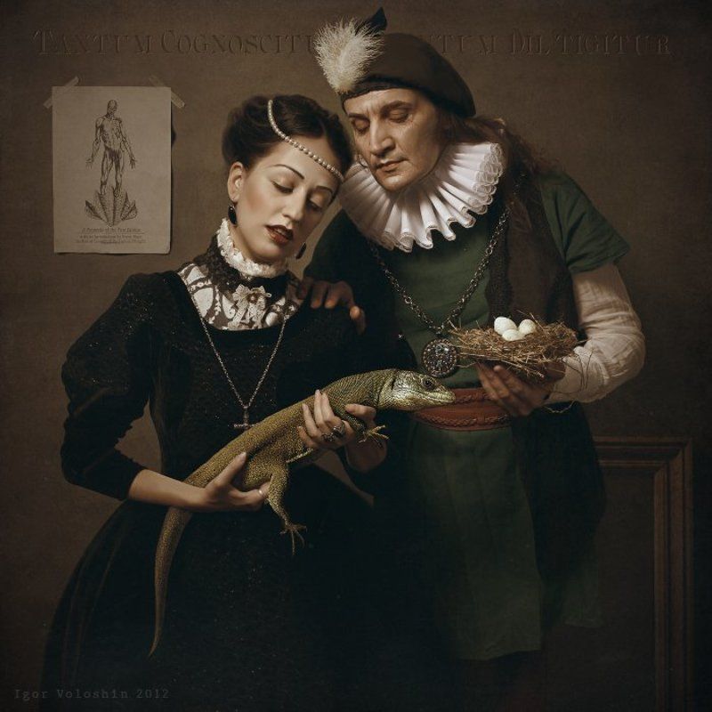 igor voloshin, voloshin, painting, surrealism, computer art, photography, art, woman, lizard, eggs, nest, decorations, costumes On the Origin of Speciesphoto preview