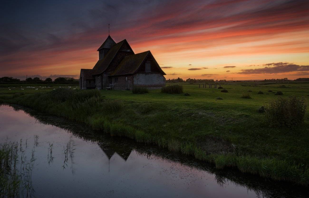 sky,clouds,sunset,church,water,grass,sun,, Rafal