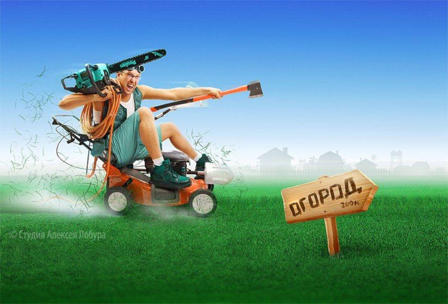 мужчина, мужик, газонокосилка, огород, деревня, лето, лобур, ретушь, монтаж, Алексей Лобур