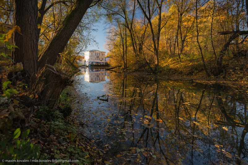 Europe, Kuzminki, Moscou, Moscow, Moscow region, Russia, architecture, autumn, building, house, morning, nature, park, Европа, Кузьминки, Москва, Московская область, Подмосковье, Пономарка река, Россия, Чурилиха река, архитектура, дом, домик, домик на пло Золотая осень в Кузьминкахphoto preview