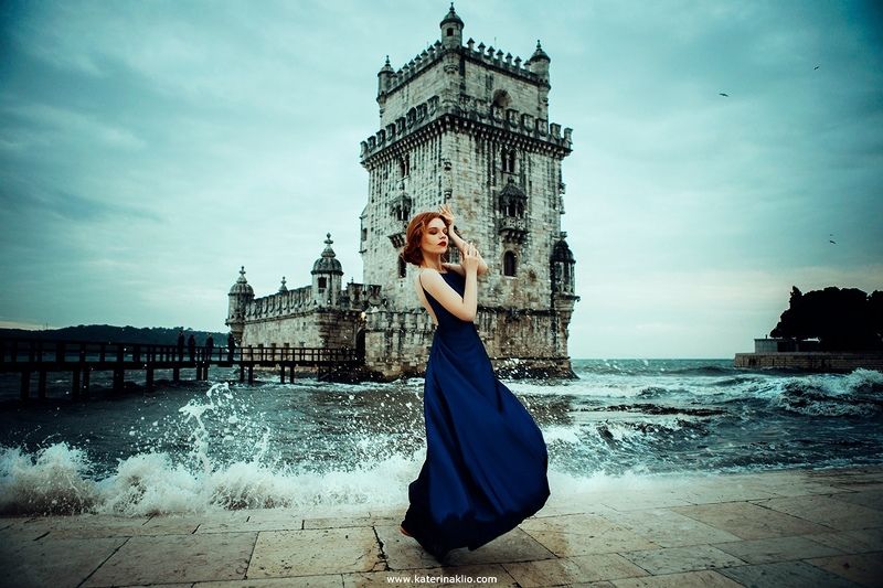 dancer, dance, palm, beach, belem, tower, queen, dark, sea, Portugal, Lisbon, waves, beauty, model, woman, blue, dress, feeling, beautiful, dark tower Dancerphoto preview