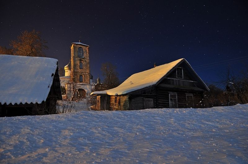 зима.деревня.мороз.ночь.собор.церковь.псковская область.виделебье.звёзды Зимняя ночь.photo preview