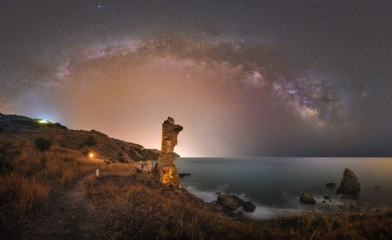 milkyway stars night the ancient towerphoto preview