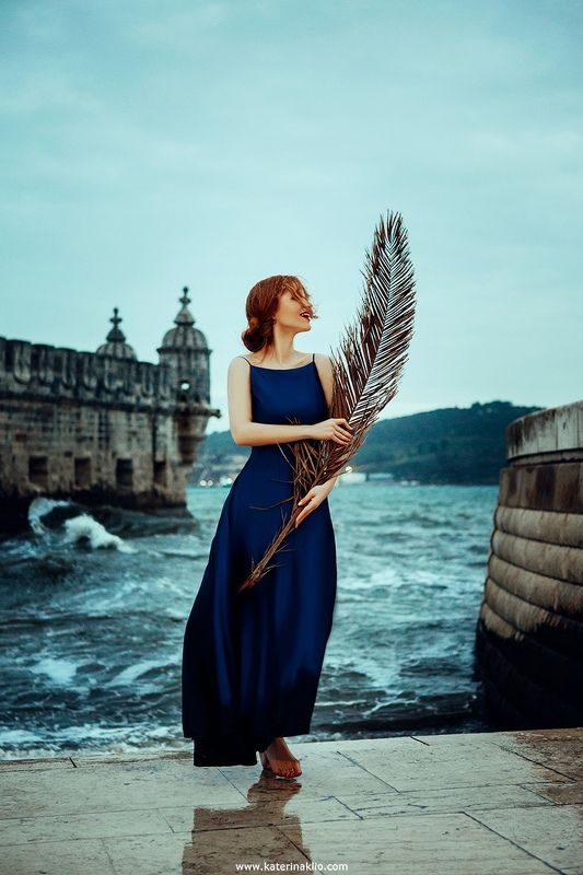 dancer, dance, palm, beach, belem, tower, queen, dark, sea, Portugal, Lisbon, waves, beauty, model, woman, blue, dress, feeling, beautiful, dark tower Dancerphoto preview