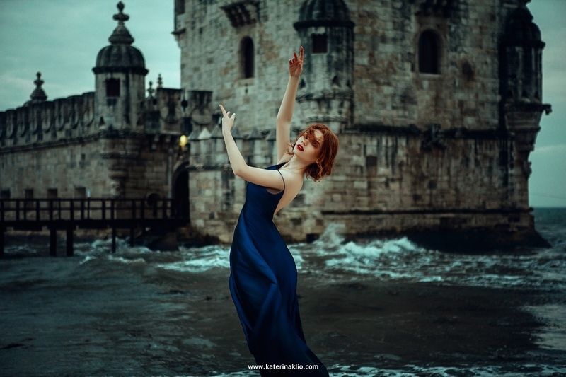 dancer, dance, palm, beach, belem, tower, queen, dark, sea, Portugal, Lisbon, waves, beauty, model, woman, blue, dress, feeling, beautiful, dark tower Dancerphoto preview
