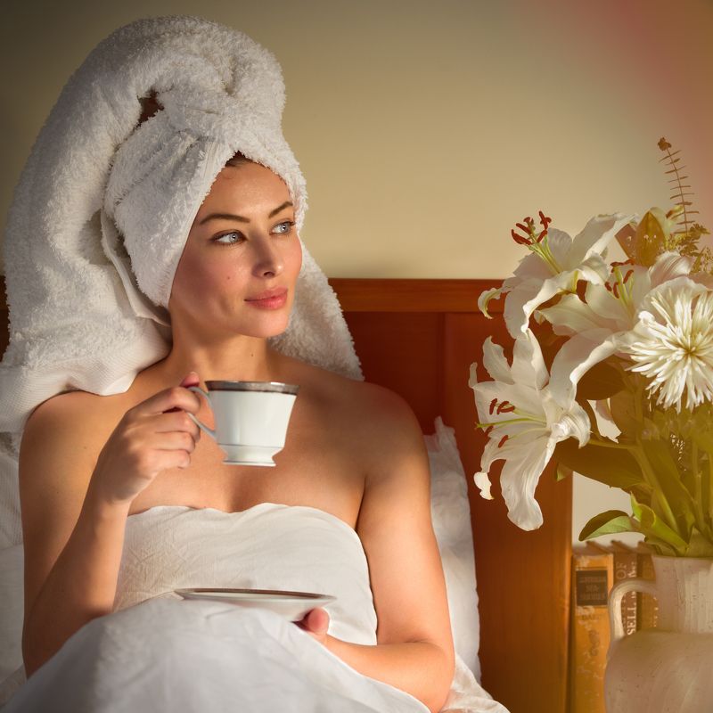 female, model, laying, bed, beauty, beautiful, lady, girl, cup, tea, flowers, dreamy eyes, lips, arms, \