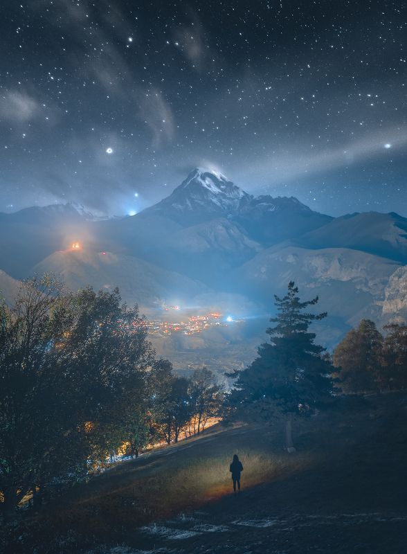 грузия, ночной пейзаж, казбек, астрофотография, степанцминда, казбеги, гергети Ночь Казбегиphoto preview