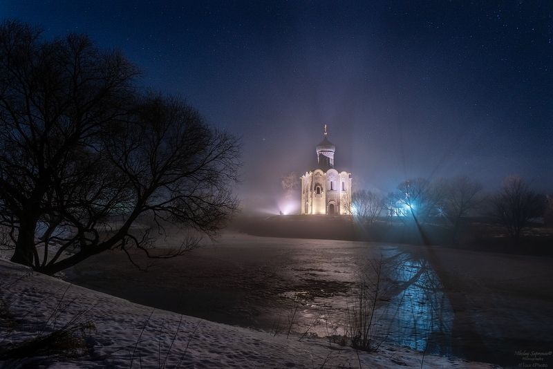 покрова-на-нерли, звезды, ночная съемка, золотое кольцо, март, перед разливами, ночное небо, нерль, боголюбово \