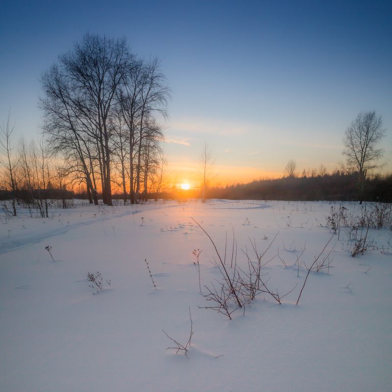 солнце, март, снег, весна, закат, деревья, Вятка, Киров, поле, лес, окраина, небо, сугроб, ярко, облака, красота Мартphoto preview