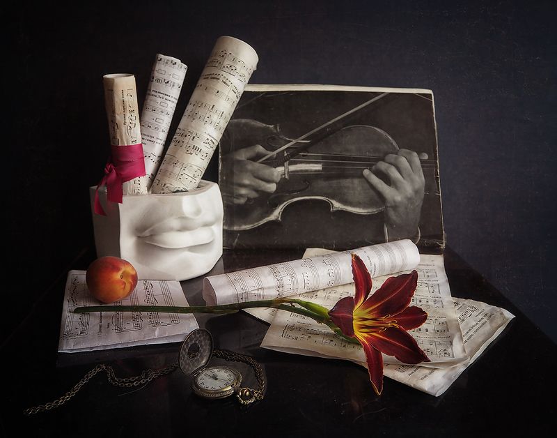 ноты, скрипка, цветок, флакон Музыка в головеphoto preview