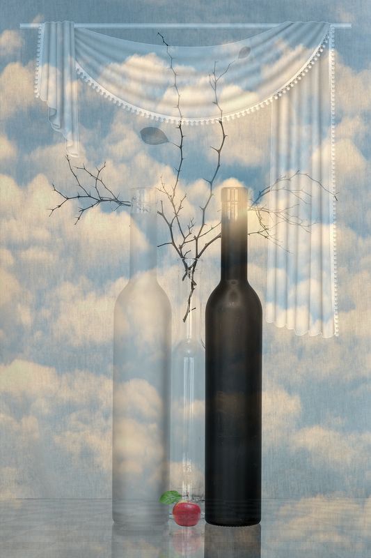 apple, blue, bottles, branches, cloud, clouds, collage, color, colors, concept, conceptual, curtain, digital, digital art, editing, photo collage, photography, still life, surreal, surrealism, world, Scene in the World of Imaginaryphoto preview