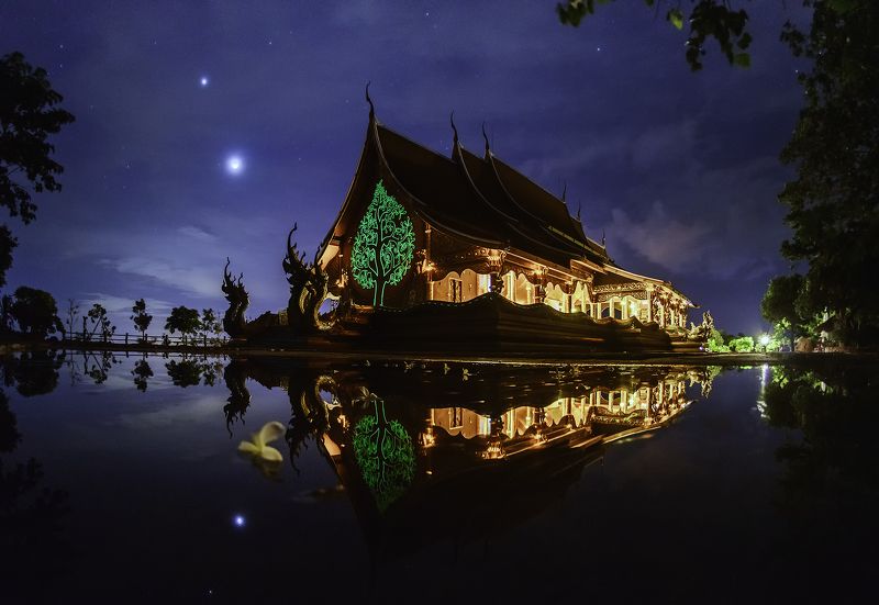 Asia, Asian, Landscape, Night, Reflection, Star, Temple, Thai, Thailand, Unseen Wat Sirintrawat Pu-prowphoto preview